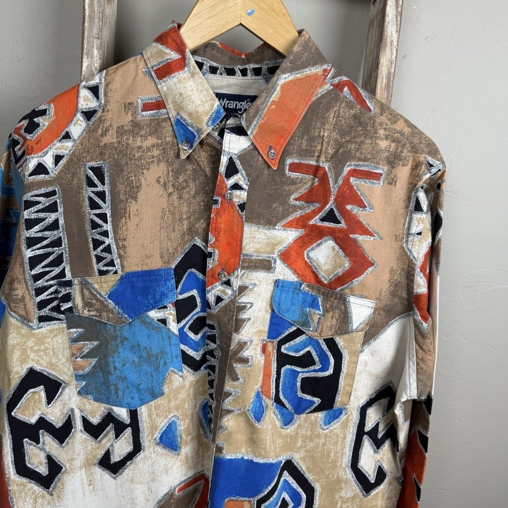 Vintage 90s Wrangler Abstract Western Aztec Longsleeve Button Shirt 16.5x34 , L - Picture 2 of 5